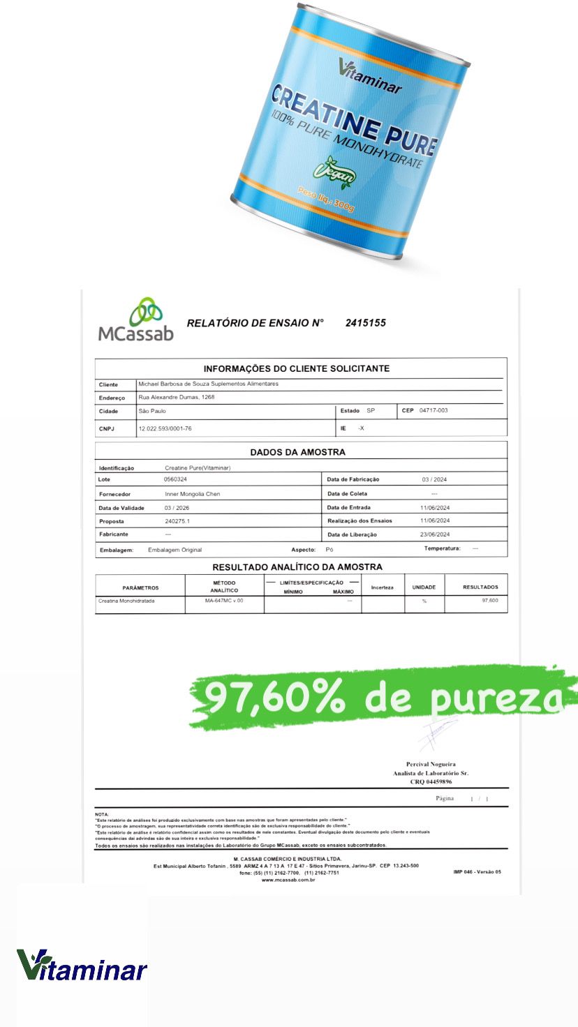 Creatina Vegana Pura Vitaminar – 300 gramas
