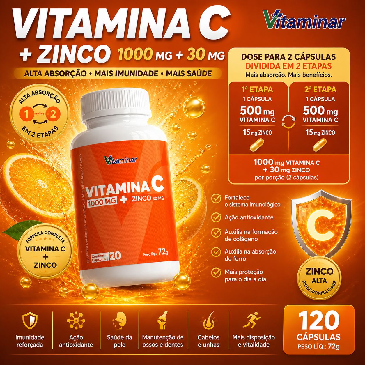 Vitamina C + Zinco 120 cápsulas – Vitaminar