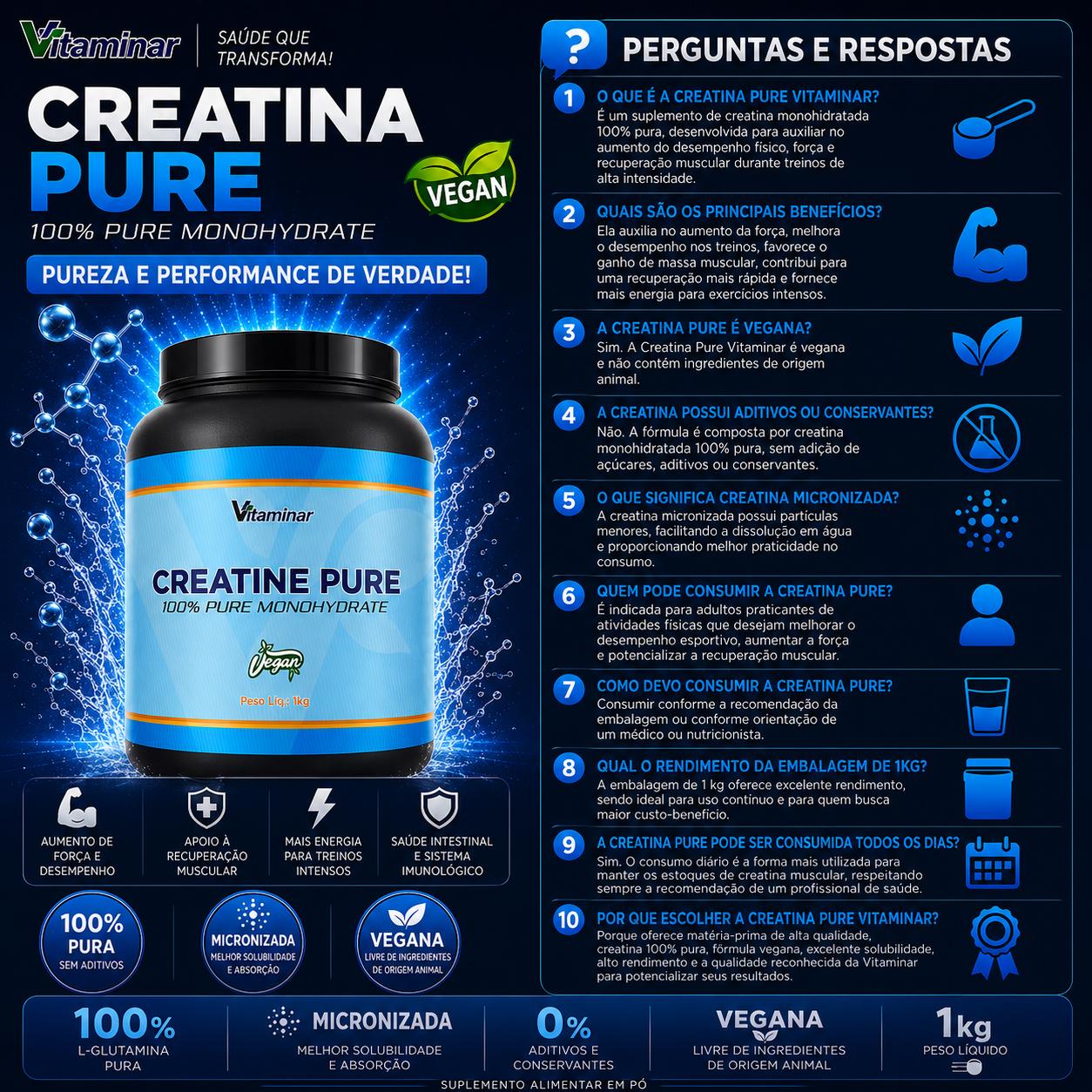 Creatina Pura 1kg Vegan - Vitaminar