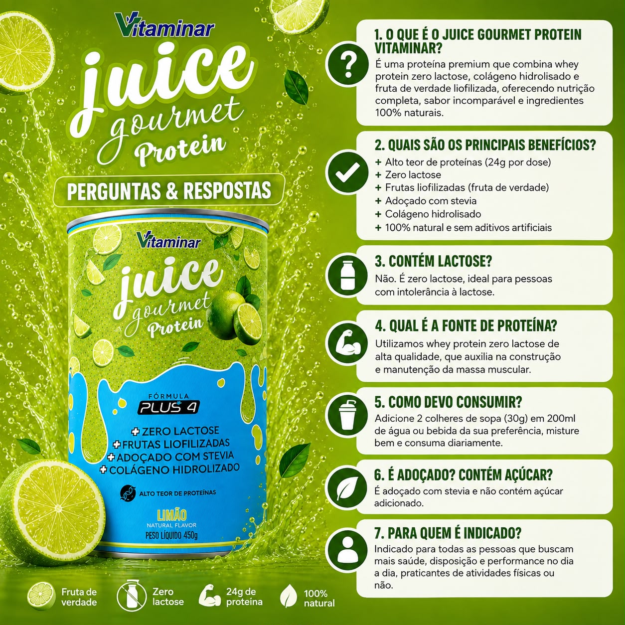 Juice Gourmet Protein Limão 450g - Vitaminar Grupo Vitaminar®