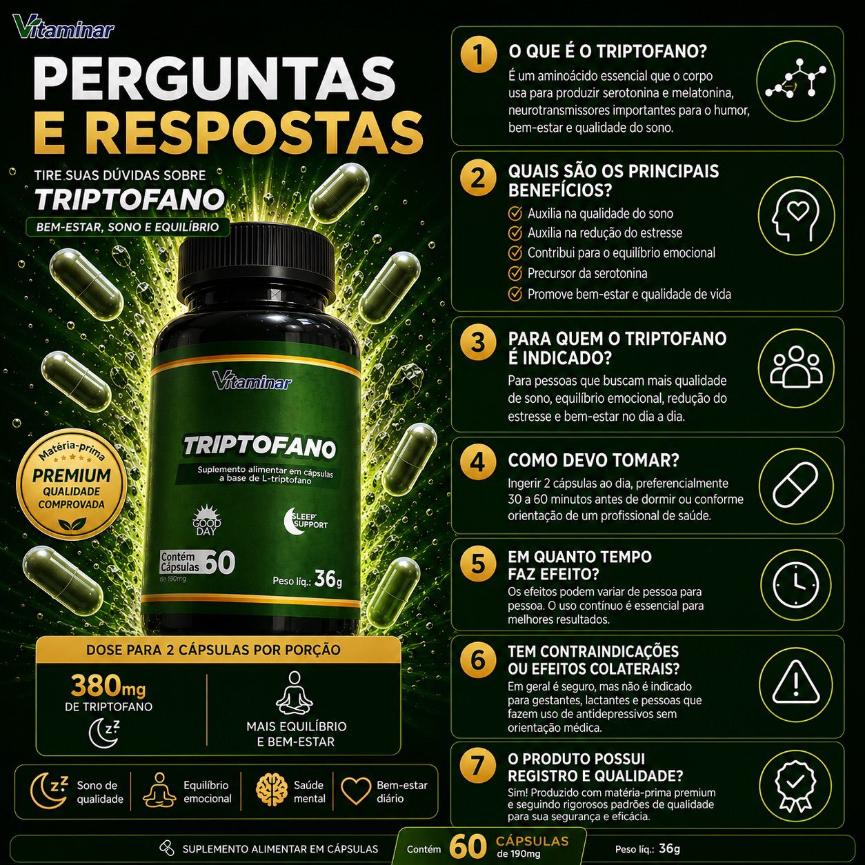 L - Triptofano 190mg 60 Cápsulas Vitaminar VITAMINAR