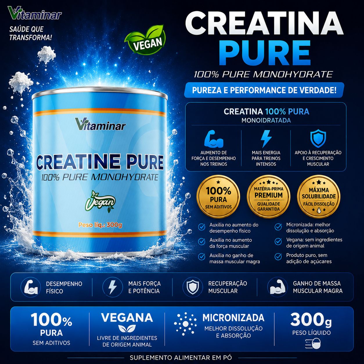 Creatina Vegana Pura Vitaminar – 300 gramas VITAMINAR