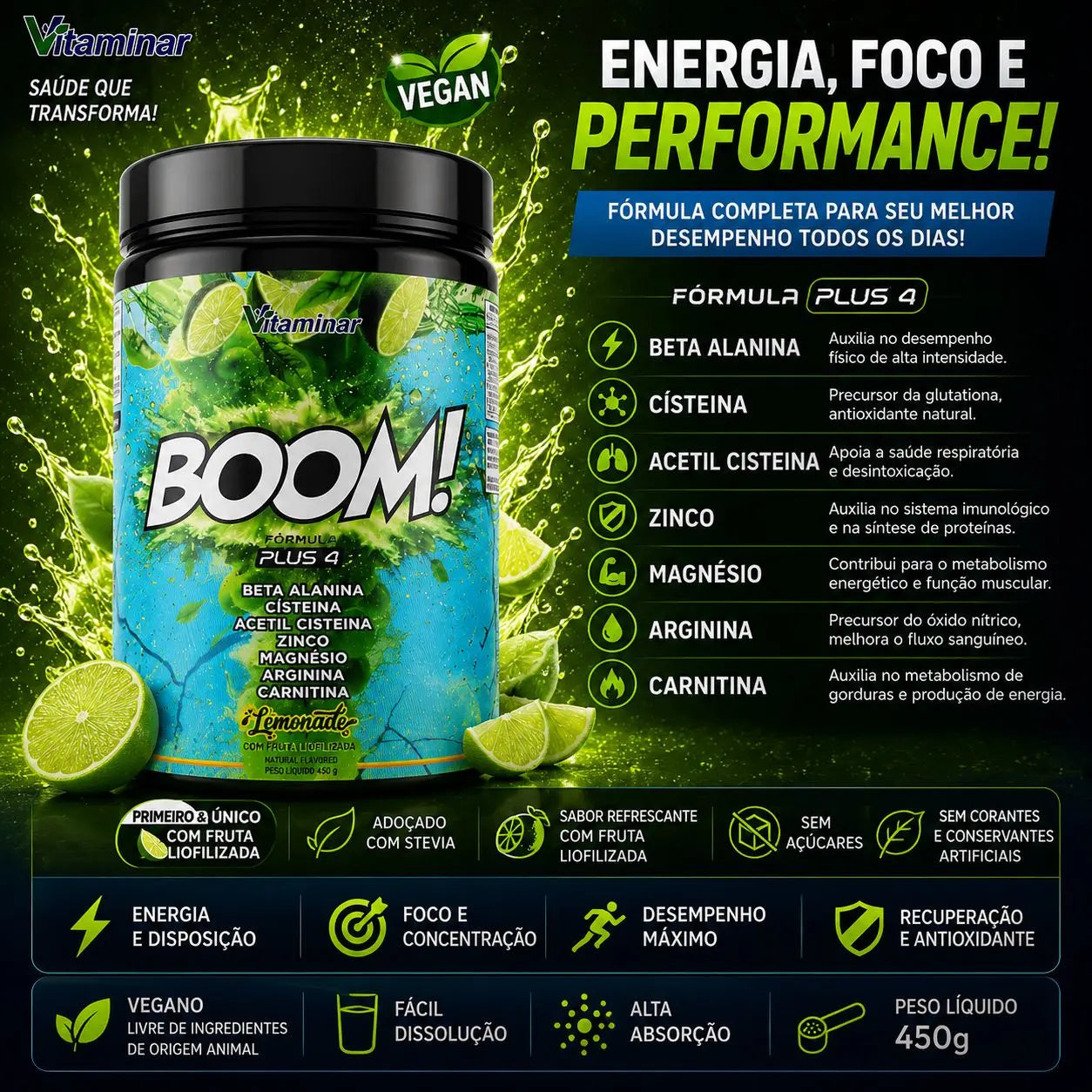 Boom! Vitaminar Lemonade 450g Plus4 - Vitaminar (Sem Cafeína) VITAMINAR