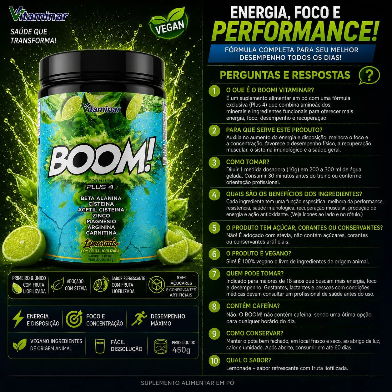 Boom! Vitaminar Lemonade 450g Plus4 - Vitaminar (Sem Cafeína) VITAMINAR