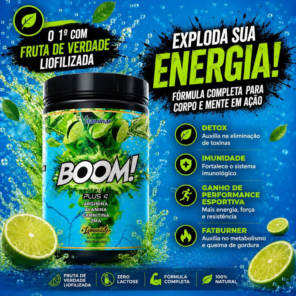Boom! Vitaminar Lemonade 450g Plus4 - Vitaminar (Sem Cafeína) VITAMINAR
