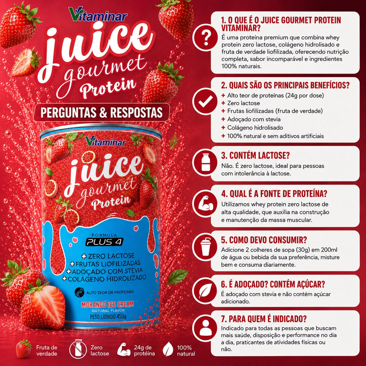 Juice Gourmet Protein Morango - Vitaminar (450gr) VITAMINAR