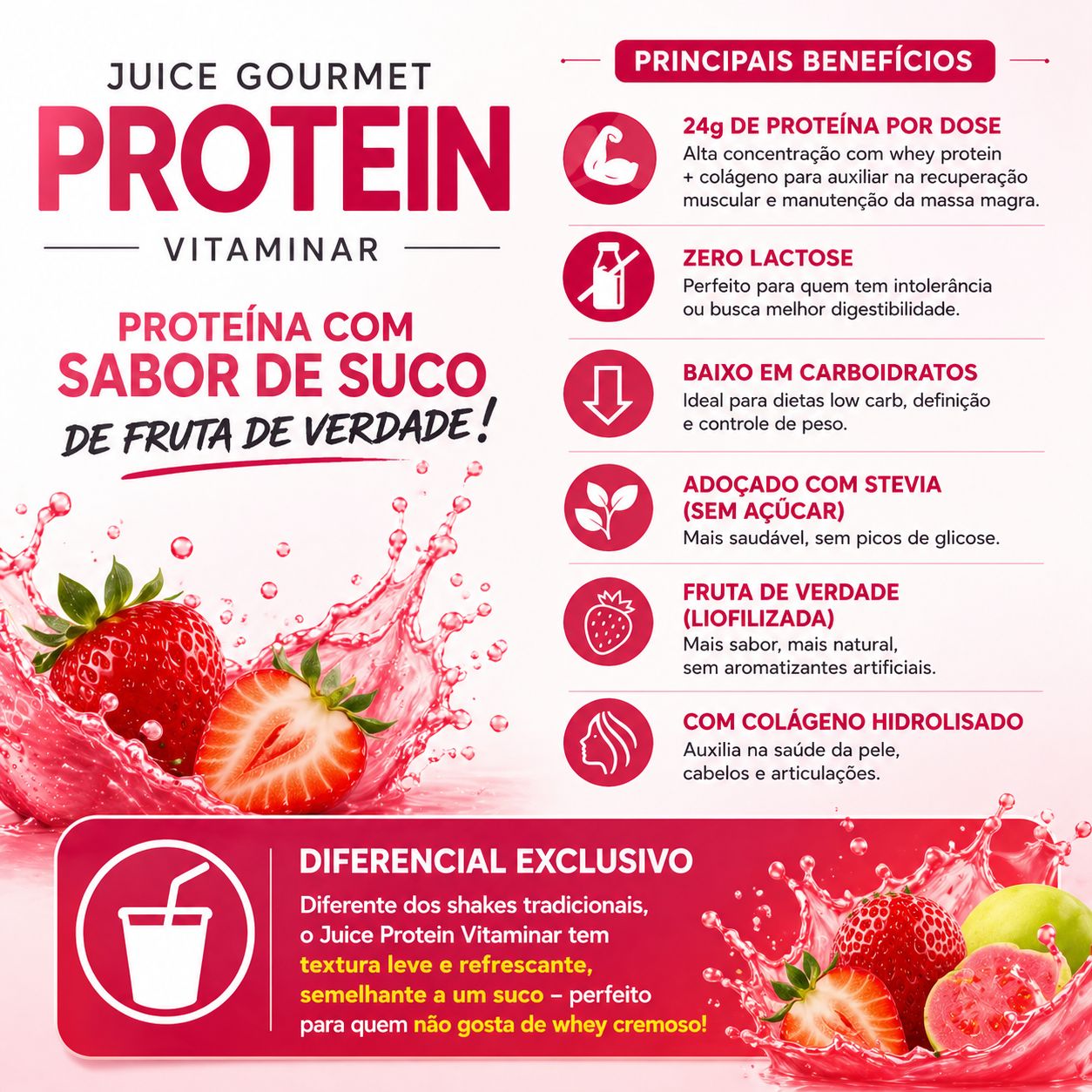 Juice Gourmet Protein Morango - Vitaminar (450gr) VITAMINAR