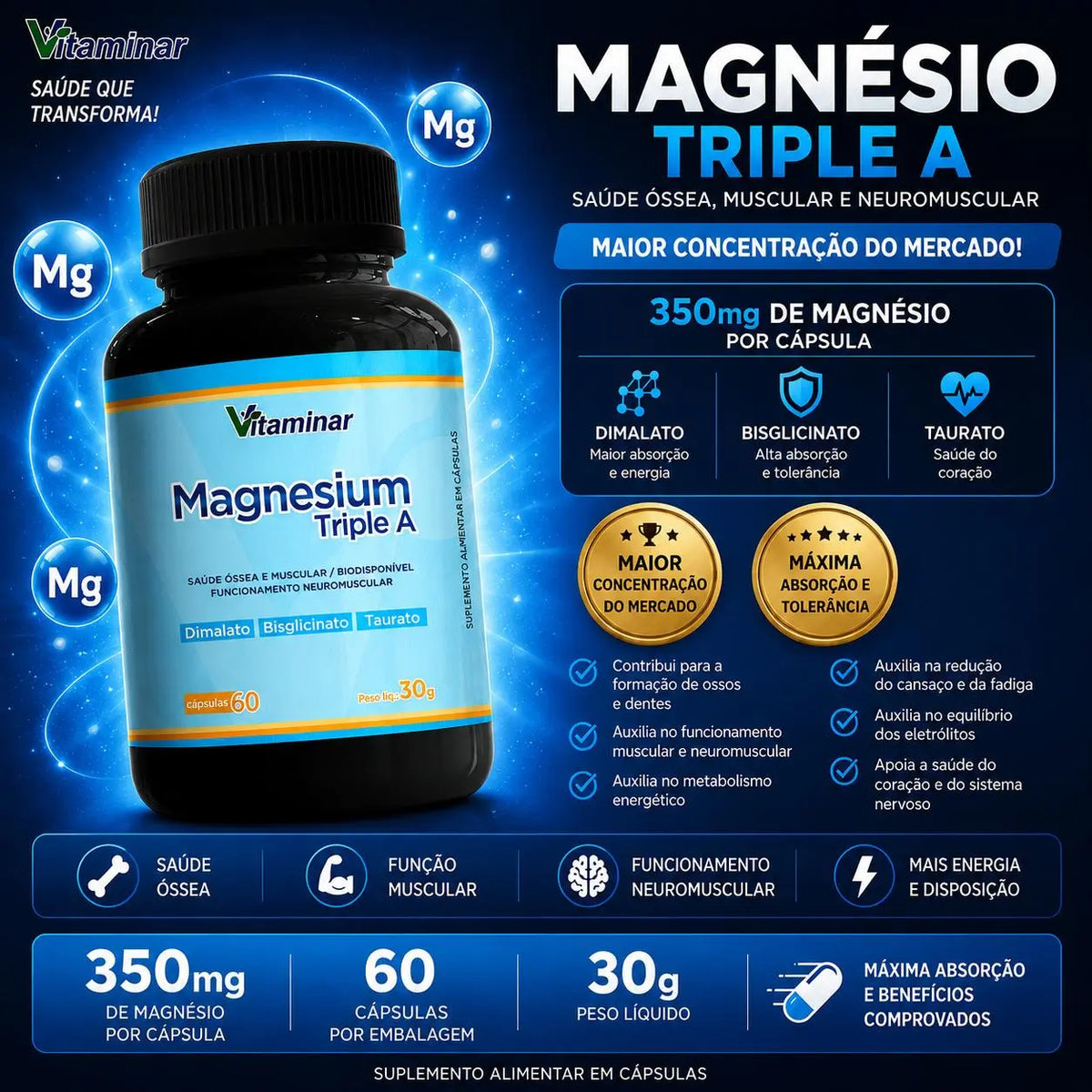 Magnesium Triple A 60 Caps – Vitaminar VITAMINAR